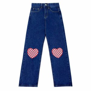 retro checker heart jeans wide fit & youthful style 1546