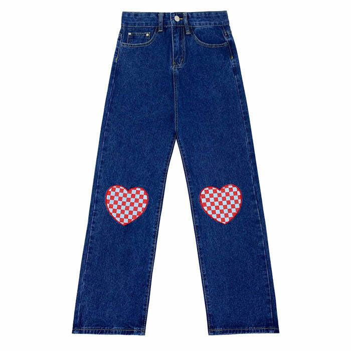 retro checker heart jeans wide fit & youthful style 1546