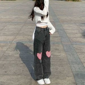 retro checker heart jeans wide fit & youthful style 4051