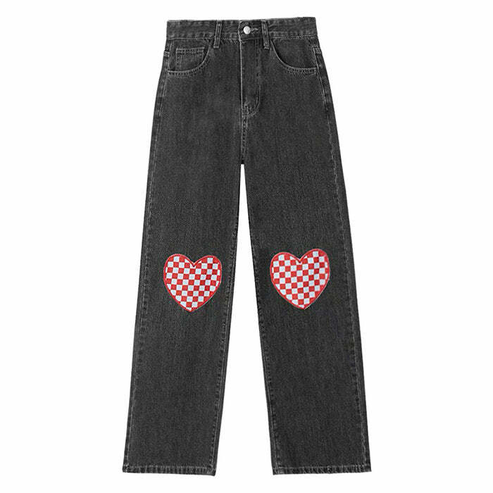 retro checker heart jeans wide fit & youthful style 6926