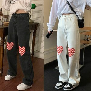 retro checker heart jeans wide fit & youthful style 8716