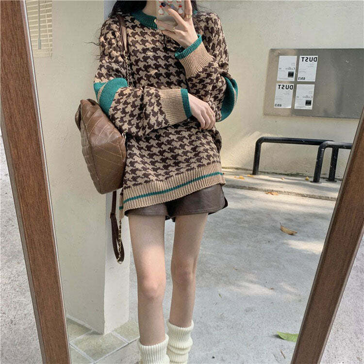 retro dogtooth check sweater chic grandma style 6696