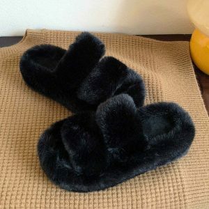 retro fluffy platform slippers   cozy & chic comfort 1644