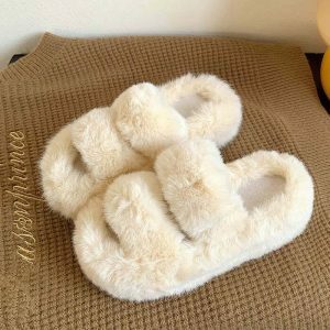 retro fluffy platform slippers   cozy & chic comfort 6404