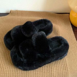 retro fluffy platform slippers   cozy & chic comfort 7655