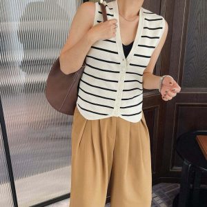 retro french striped vest button up youthful elegance 2685