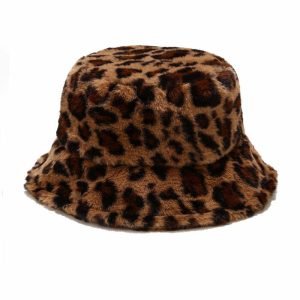 retro leopard fluffy bucket hat   chic & youthful style 4014