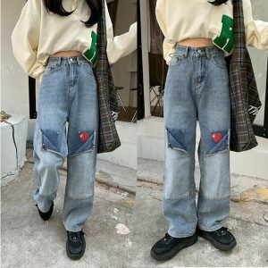 retro pixel heart jeans wide leg early 2000s vibe 5254