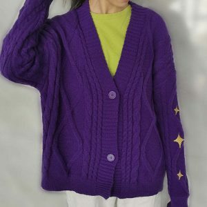 retro star embroidered cardigan in purple youthful chic 1411