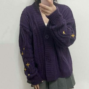 retro star embroidered cardigan in purple youthful chic 4555