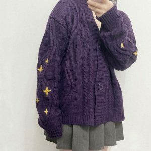 retro star embroidered cardigan in purple youthful chic 8004