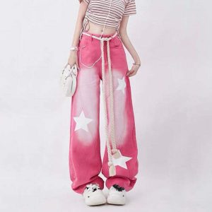 retro star print pink jeans y2k chic & youthful style 5455