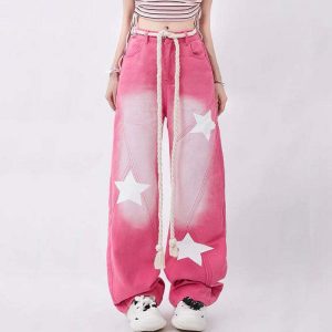 retro star print pink jeans y2k chic & youthful style 5799
