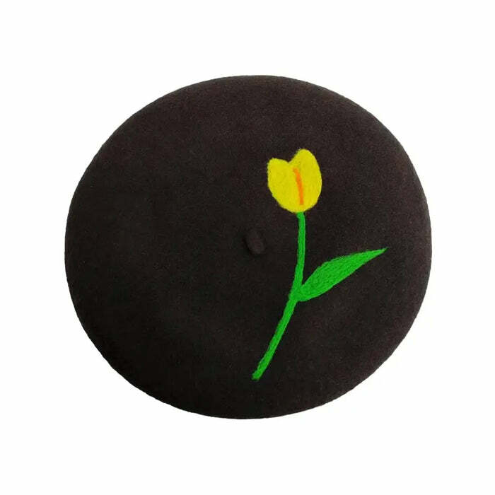 retro tulip embroidered beret   chic wool crafted style 1049