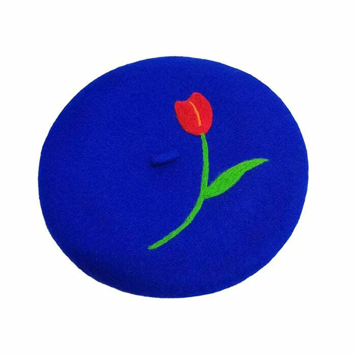 retro tulip embroidered beret   chic wool crafted style 6491