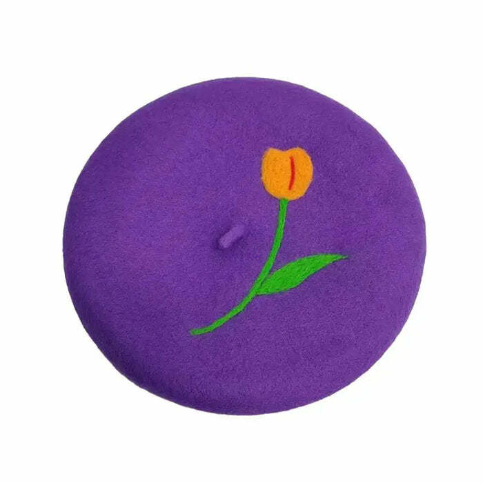 retro tulip embroidered beret   chic wool crafted style 7753