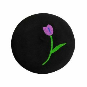 retro tulip embroidered beret   chic wool crafted style 8951