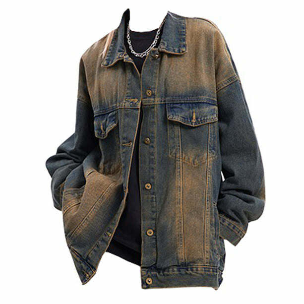 retro washed brown denim jacket loose & chic fit 6381