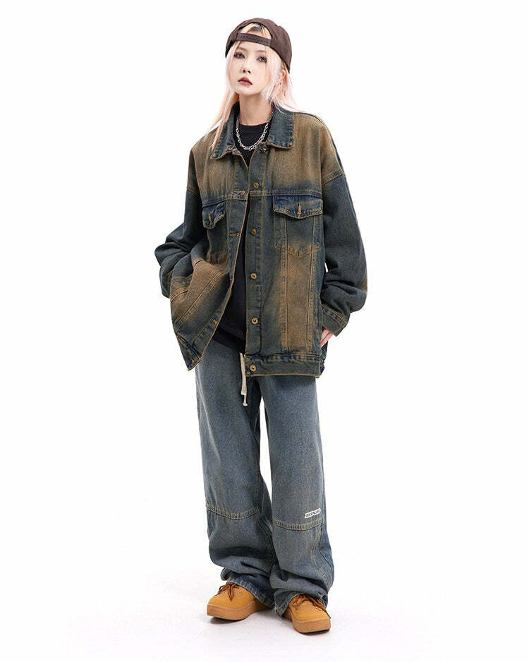 retro washed brown denim jacket loose & chic fit 8972