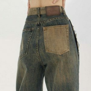 retro washed brown jeans with chic contrast pocket 1372