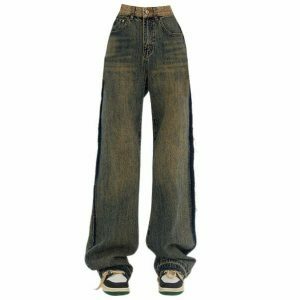 retro washed brown jeans with chic contrast pocket 8309