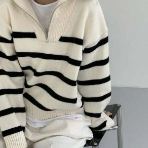 striped zip up sweater old money elegance & chic style 1228
