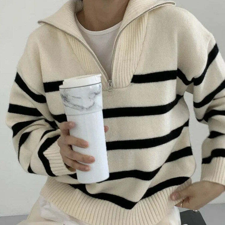 striped zip up sweater old money elegance & chic style 2955