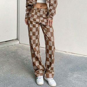trendy brown checkered jeans iconic streetwear look 4625