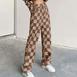 trendy brown checkered jeans iconic streetwear look 7264