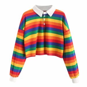 vibrant rainbow collared top youthful & chic style 1402