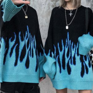 vintage blue flame sweater   iconic & youthful urban style 1410