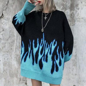 vintage blue flame sweater   iconic & youthful urban style 3813