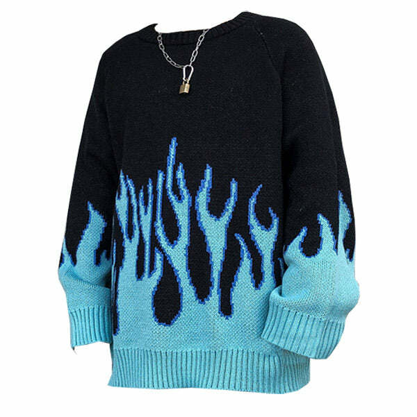 vintage blue flame sweater   iconic & youthful urban style 4806