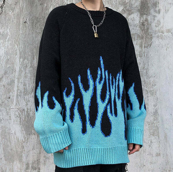 vintage blue flame sweater   iconic & youthful urban style 5880