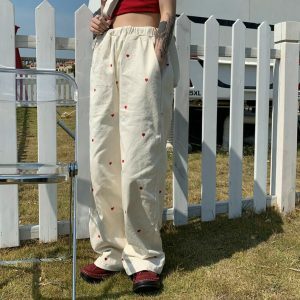vintage red hearts pants   chic & youthful streetwear icon 1385