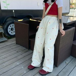 vintage red hearts pants   chic & youthful streetwear icon 1593