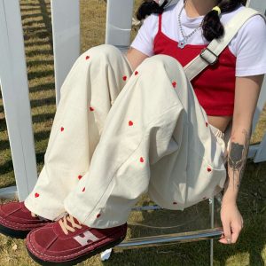 vintage red hearts pants   chic & youthful streetwear icon 3377