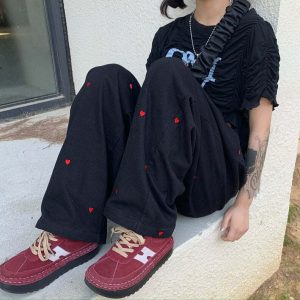 vintage red hearts pants   chic & youthful streetwear icon 7529