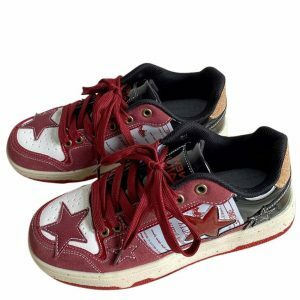 wine red star sneakers   chic & youthful street kicks 8717