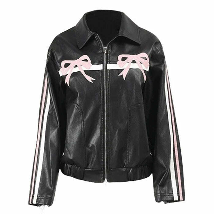 y2k bow motorcycle jacket   iconic retro style & edgy appeal 1049