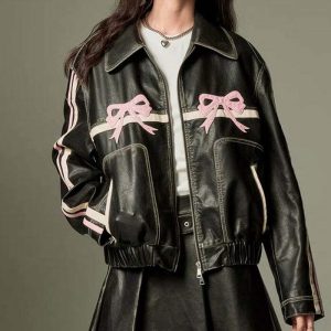 y2k bow motorcycle jacket   iconic retro style & edgy appeal 3897