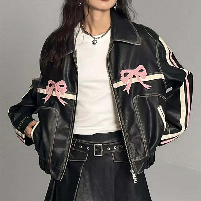 y2k bow motorcycle jacket   iconic retro style & edgy appeal 6924