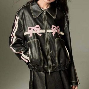 y2k bow motorcycle jacket   iconic retro style & edgy appeal 7909