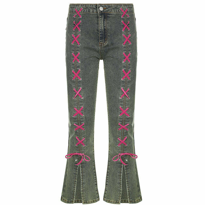 y2k lace up jeans sleek & youthful streetwear classic 3855