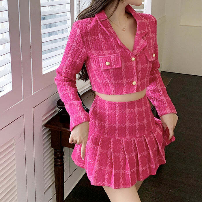 y2k pink tweed co ord jacket & skirt chic & youthful ensemble 7478