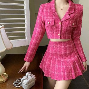 y2k pink tweed co ord jacket & skirt chic & youthful ensemble 8331
