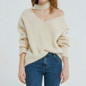 youthful asymmetric choker neck sweater edgy design 7884