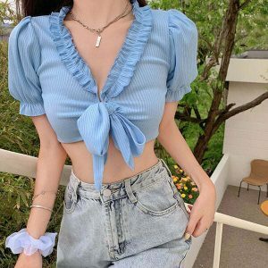 youthful baby blue crop top knot tie design 2459