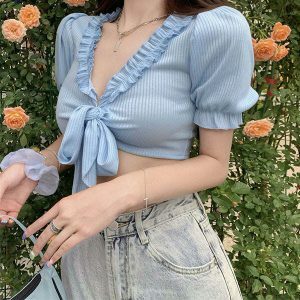 youthful baby blue crop top knot tie design 7165