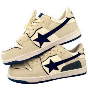 youthful beige & navy star sneakers dynamic street style 3088